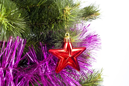 Part of Christmas Tree with decorations. Over white backgroundの写真素材