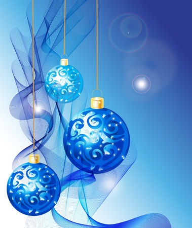 Elegant Christmas background with blue decoration balls and waveのイラスト素材