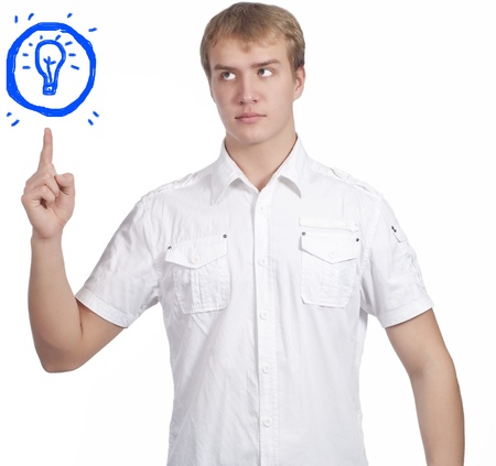 Young handsome male model having an idea over whiteの写真素材