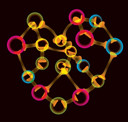 Bright colorful molecule heart over black, Valentineのイラスト素材
