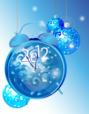 Bright elegant New Year background with clock and blue decorations のイラスト素材