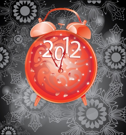 Elegant New Year background with red clock over dark background with snowflakesのイラスト素材