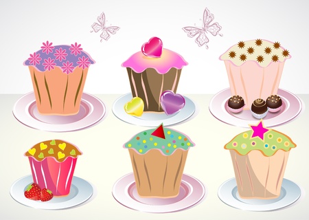 Set of 6 cute cupcakes on the plates