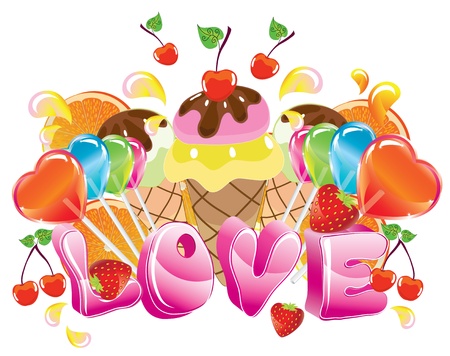 Valentine background with sweets, fruit, berries and ice cream and loveのイラスト素材