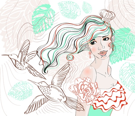 Beautiful hand drawing background with tender girl and flowersのイラスト素材