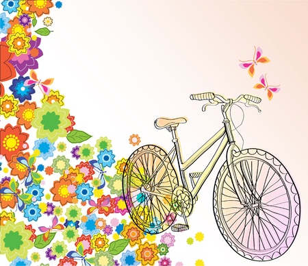 Background with bicycle and beautiful flowers, illustrationのイラスト素材