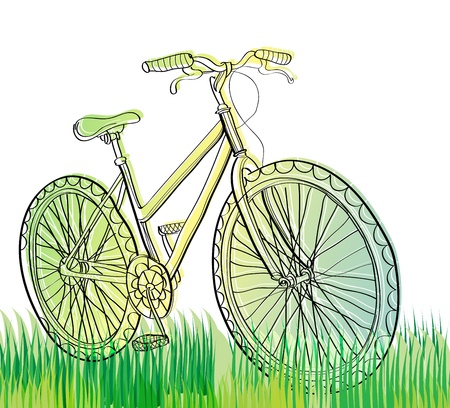 bicycle at field with green grass, illustrationのイラスト素材