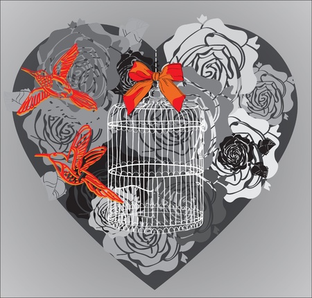 Valentine background with floral heart, birds and cage, illustrationのイラスト素材