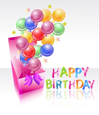 bright box with air balloones and happy birthday, beautiful illustrationのイラスト素材