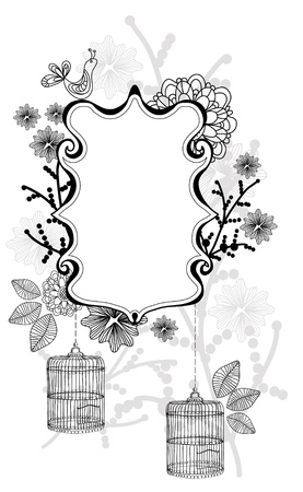 Beautiful floral illustration with cage over whiteのイラスト素材