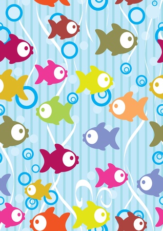 Seamless color background with cute cartoon fish, illustrationのイラスト素材