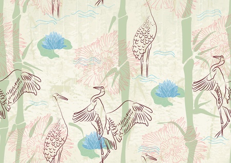 Seamless background with bamboo, stork and lily, beautiful illustrationのイラスト素材