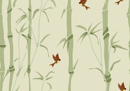 Seamless background with bamboo and birds, illustrationのイラスト素材