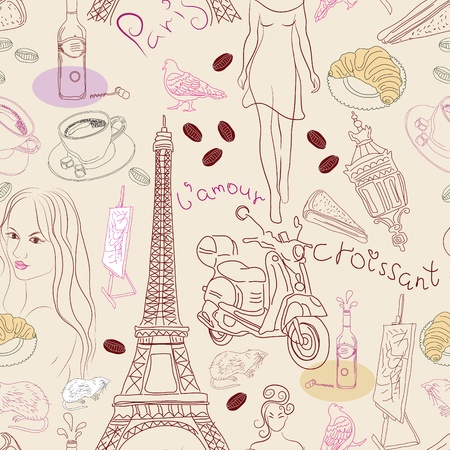 Seamless background with different Paris doodle elements, illustrationのイラスト素材
