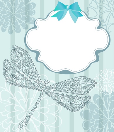 Blue card with beautiful dragonfly and flowers, illustratuinのイラスト素材