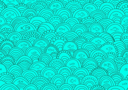 Abstract hand-drawing Seamless pattern with fish and waves, can be used for wallpaper, pattern fills, web page background, surface textures, illustrationのイラスト素材