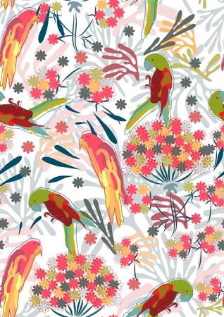 Abstract hand-drawing Seamless pattern with flowers and birds, can be used for wallpaper, pattern fills, web page background, surface textures, illustrationのイラスト素材