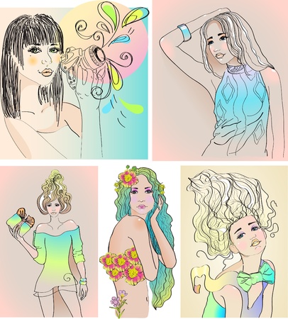 Set of five beautiful girls, illustrationのイラスト素材