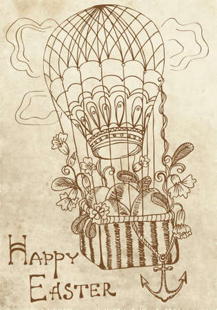 retro Easter card with air Balloon, illustrationのイラスト素材