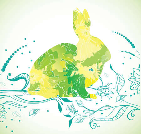 Easter Rabbit with green flowers, illustrationのイラスト素材