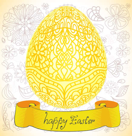 easter yellow card with egg and floral ornament, illustrationのイラスト素材