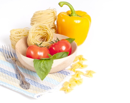 Tomato, macaroni, green basil, sweet pepperの写真素材