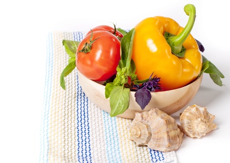 Tomato, pepper, red and green basil backgroundの写真素材