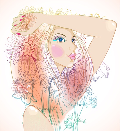 Hand Drawn Beautiful woman with flowers, beautiful colorful illustrationのイラスト素材