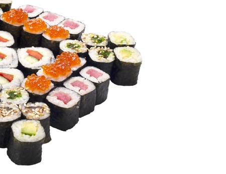 sushi roll set isolated on white with different stuffingの写真素材