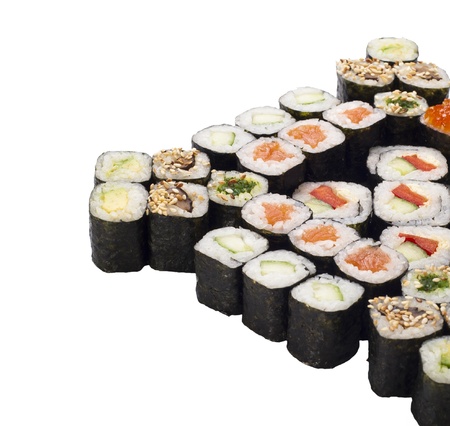 sushi roll set isolated on white with different stuffingの写真素材