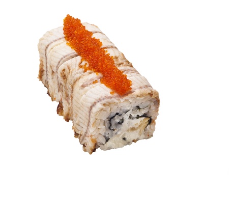 sushi roll isolated on white, eel and caviarの写真素材