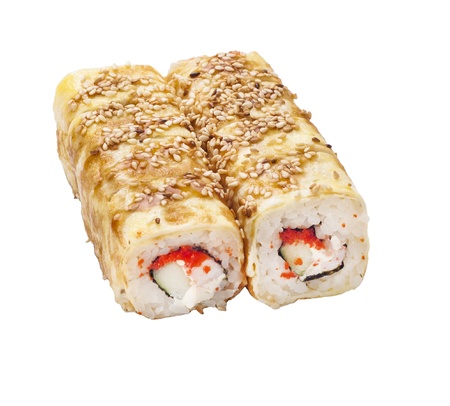 sushi roll isolated on white with pancake and caviarの写真素材