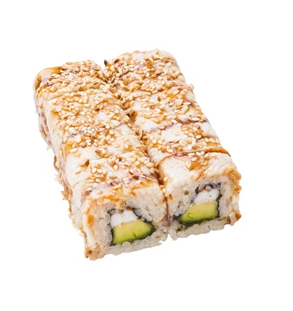 sushi roll isolated on white, eel and caviarの写真素材