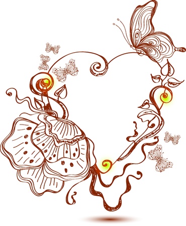 Beautiful card with ink flower and heart, illustrationのイラスト素材
