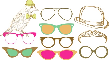 Retro Party set  sunglasses, bird and hatのイラスト素材