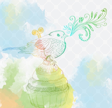 Background with cupcake and clockwork bird, beautiful illustrationのイラスト素材