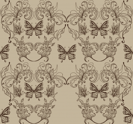 Seamless floral background with butterfly, illustrationのイラスト素材