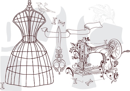 Vintage set - fashion and sewing, illustrationのイラスト素材