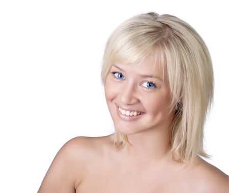 Beautiful smiling blond woman portrait over whiteの写真素材