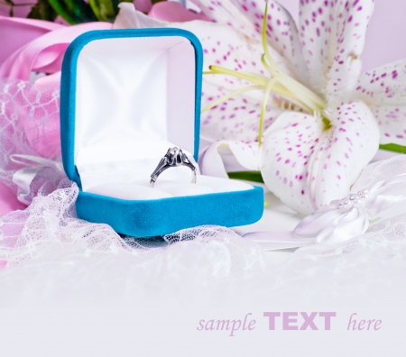 Card with ring, gloves and flowers for wedding design, valentine cardの写真素材