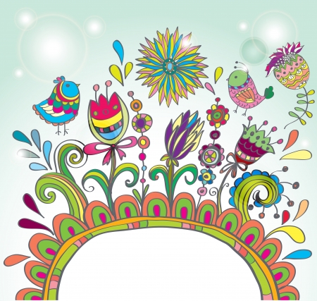 Doodle color frame with birds and flowers for your design, illustrationの写真素材