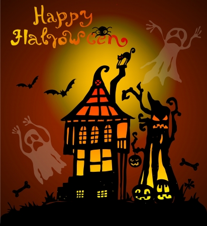 Halloween background with scary house, illustrationのイラスト素材