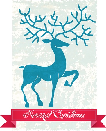 Christmas deer with red ribbon, beautiful vintage  illustrationのイラスト素材