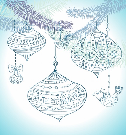 Christmas background with cute decorations and birdsのイラスト素材