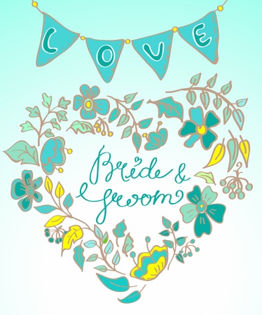 flower wreath with hand drawn text- bride and groom and flagsのイラスト素材