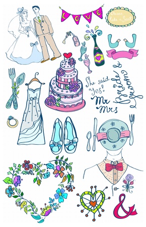 Wedding set of cute glamorous doodles for your designのイラスト素材