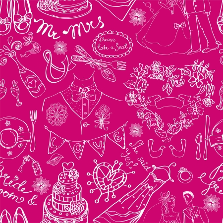Wedding seamless pattern with doodles over pink, illustrationのイラスト素材