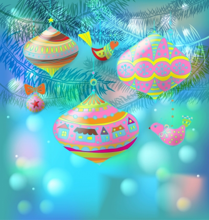 Christmas background with cute decorations and birds, illustrationのイラスト素材