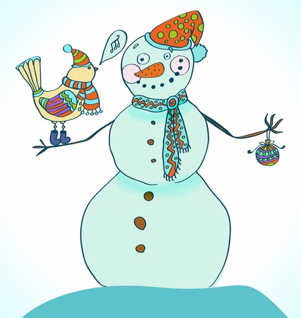 Snowman with bird, cute background for Christmas or New Year designのイラスト素材