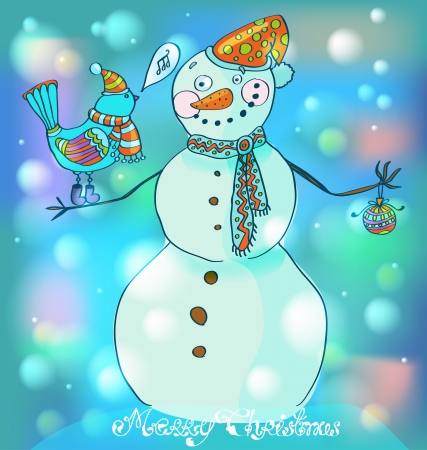 Snowman with bird, cute background for Christmas or New Year designのイラスト素材